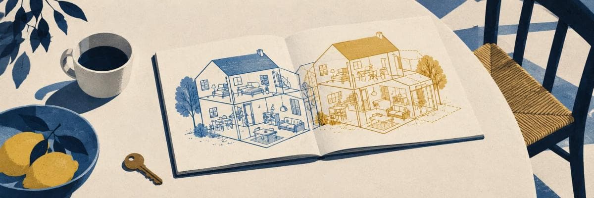 Two conflicting household diagrams sit open on a kitchen table beneath the title A Household Guide for Both of Me.