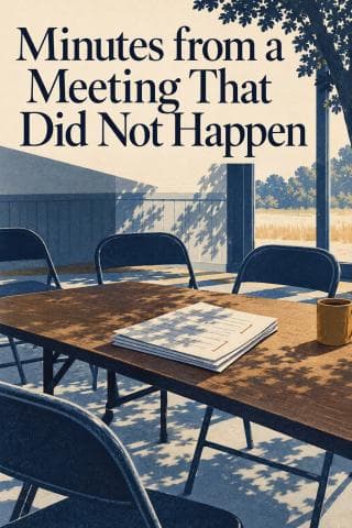 Empty chairs and meeting papers sit in summer shade beneath the title Minutes from a Meeting That Did Not Happen.