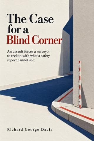 A layered paper city corner casts a sharp cobalt shadow beside a surveyor’s measuring rod.