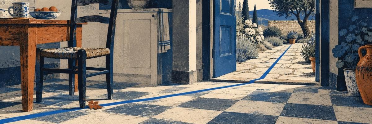 A cobalt line divides a kitchen and garden beneath the title The Edge of the Blue.