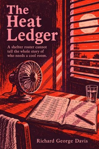 A linocut tally book and electric fan sit beside a shelter window in a heatwave.