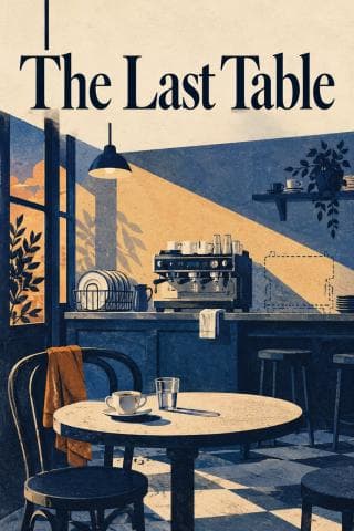 An empty café table and espresso machine sit in the last light beneath the title The Last Table.