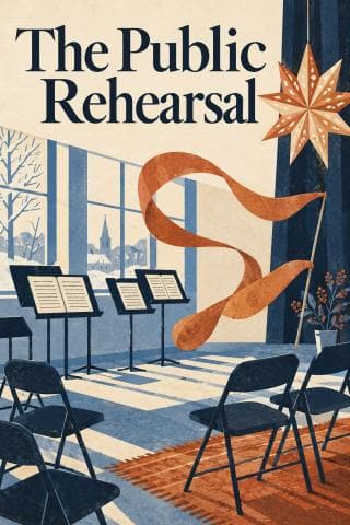 Music stands, a flowing ribbon and folding chairs share a community room beneath The Public Rehearsal.