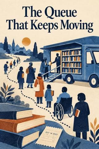 A mobile library van and a winding queue appear beneath the title The Queue That Keeps Moving.