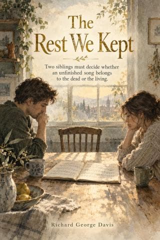 Two siblings sit across a kitchen table from an unfinished music notebook and empty chair.