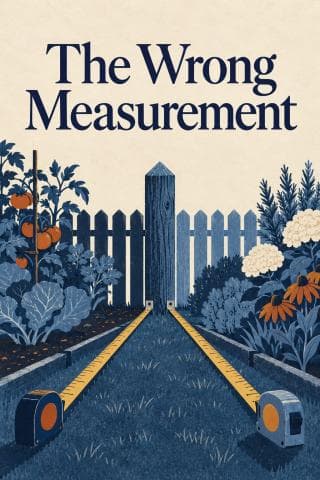 Two measuring tapes meet at a garden fence between planted borders beneath The Wrong Measurement.