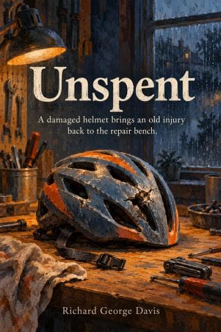 A damaged helmet rests on a repair bench in a warmly lit, rain-dark workshop.