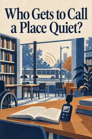 A library table, open book, sound meter and bus beyond a window frame Who Gets to Call a Place Quiet?
