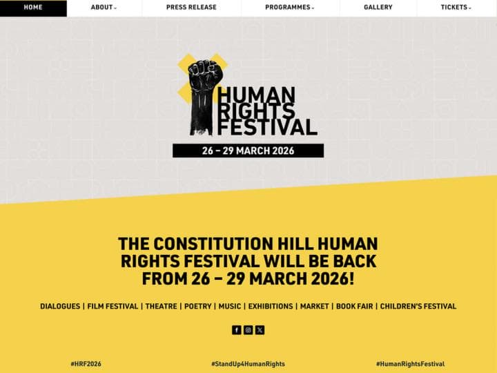 A graphic for the Human Rights Festival shows bold black text announcing its return on 26–29 March 2026 at Constitution Hill. The background is mostly white with a yellow section below and black icons and menu links at the top.